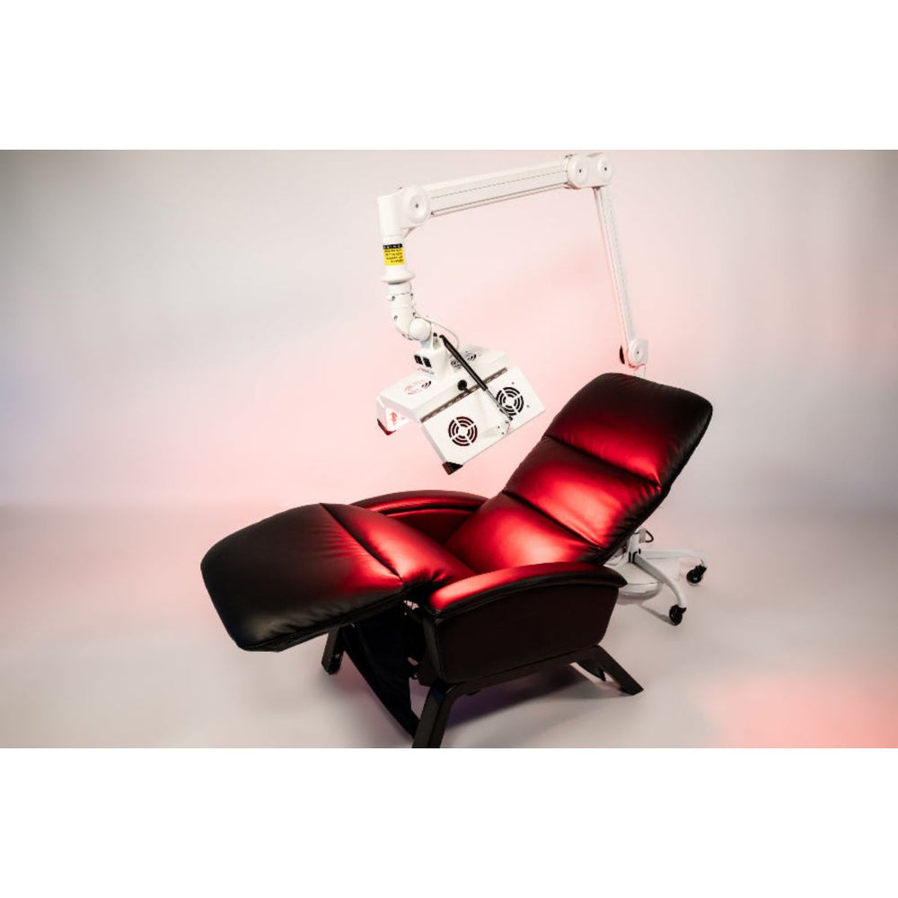Red light recliner chair with a white armchair in the background on a gradient background