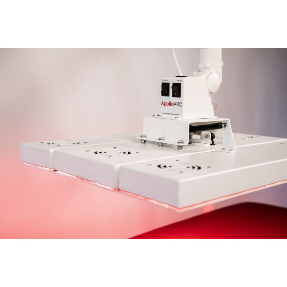 White robotic arm with 'ApolloAR' branding on a red and gray gradient background