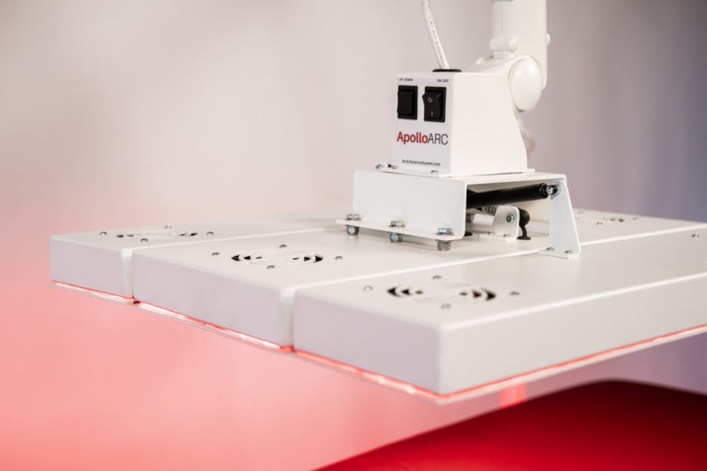 White robotic arm with 'ApolloAR' branding on a red and gray gradient background