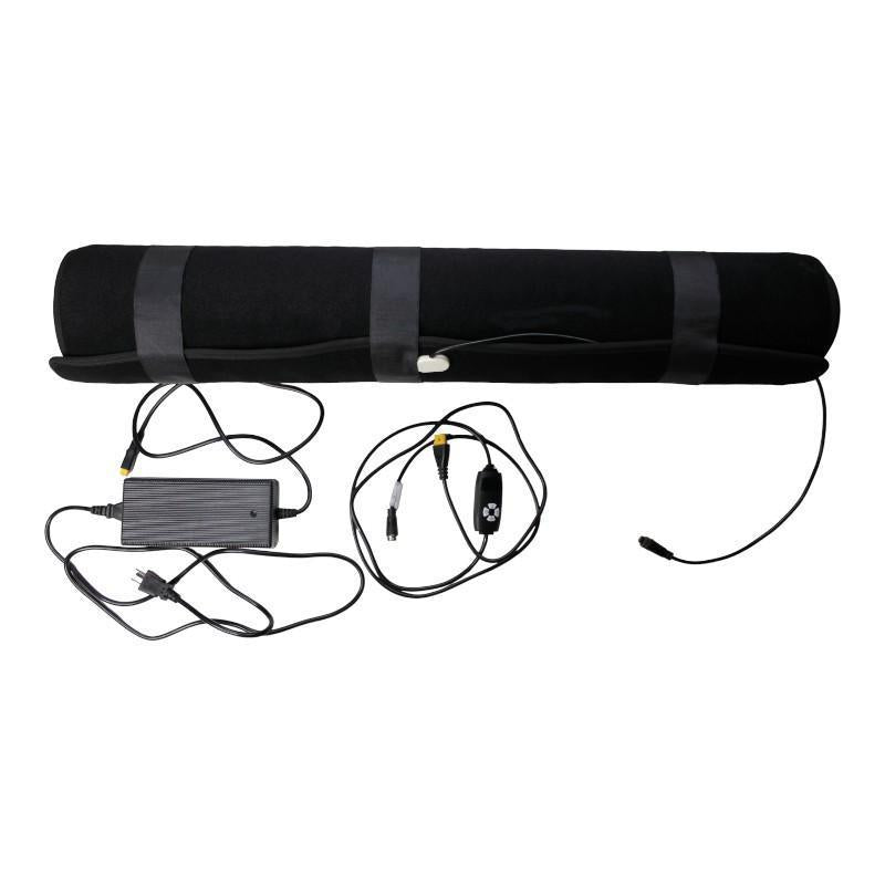 Black waist trainer with attached cables and connectors on a white background
