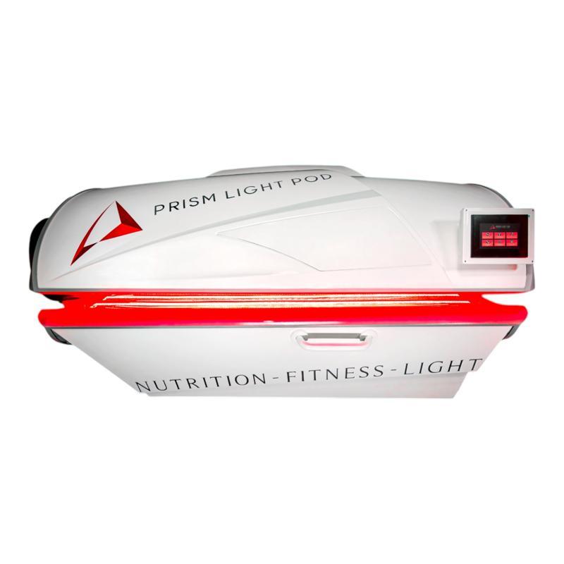 Prism Light Pod with red light on a white background
