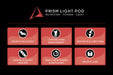 Prism Light Pod product line for nutrition, fitness, and light with icons and text on a black background.