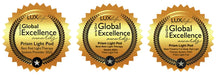 Three gold badges with 'Lux' branding and 'Global Excellence Award' text, featuring a Prism Light Pod.