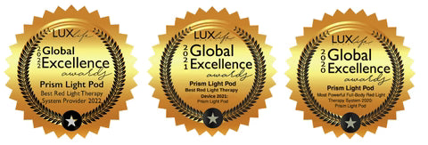 Three gold badges with 'Lux' branding and 'Global Excellence Award' text, featuring a Prism Light Pod.