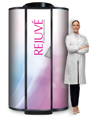 Person in a white coat standing next to a 'Rejuve' branded cylindrical device on a white background