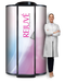 Person in a white coat standing next to a 'Rejuve' branded cylindrical device on a white background