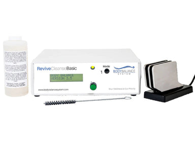 Body Balance System with ReviveCleanse Basic unit, bottle, and cleaning brush on a white background