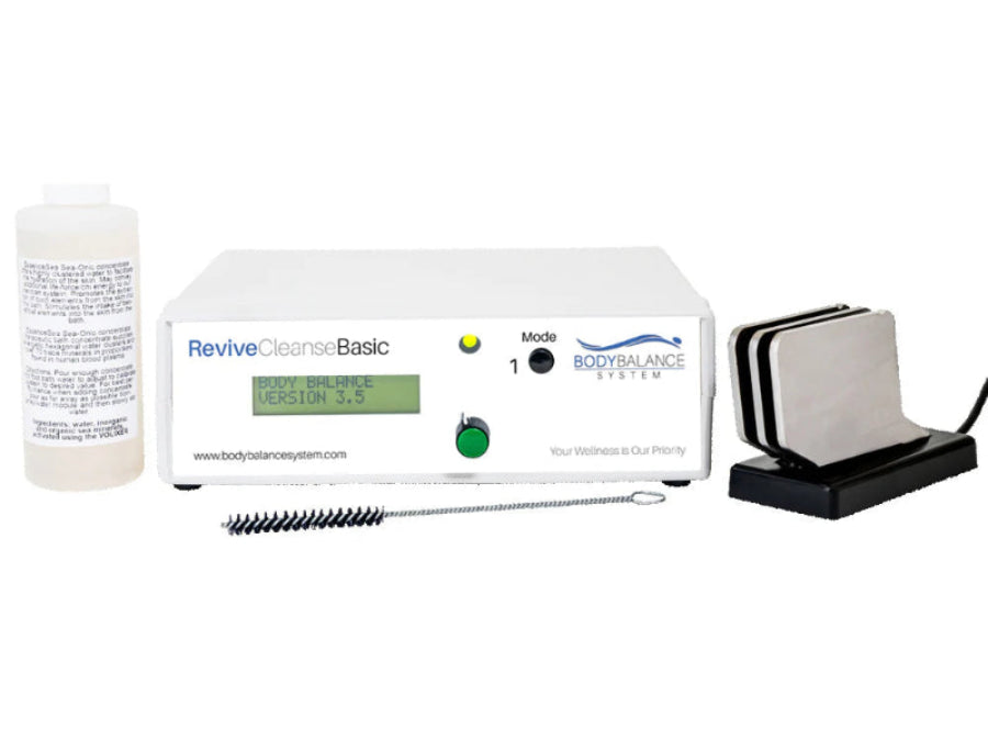 Body Balance System with ReviveCleanse Basic unit, bottle, and cleaning brush on a white background