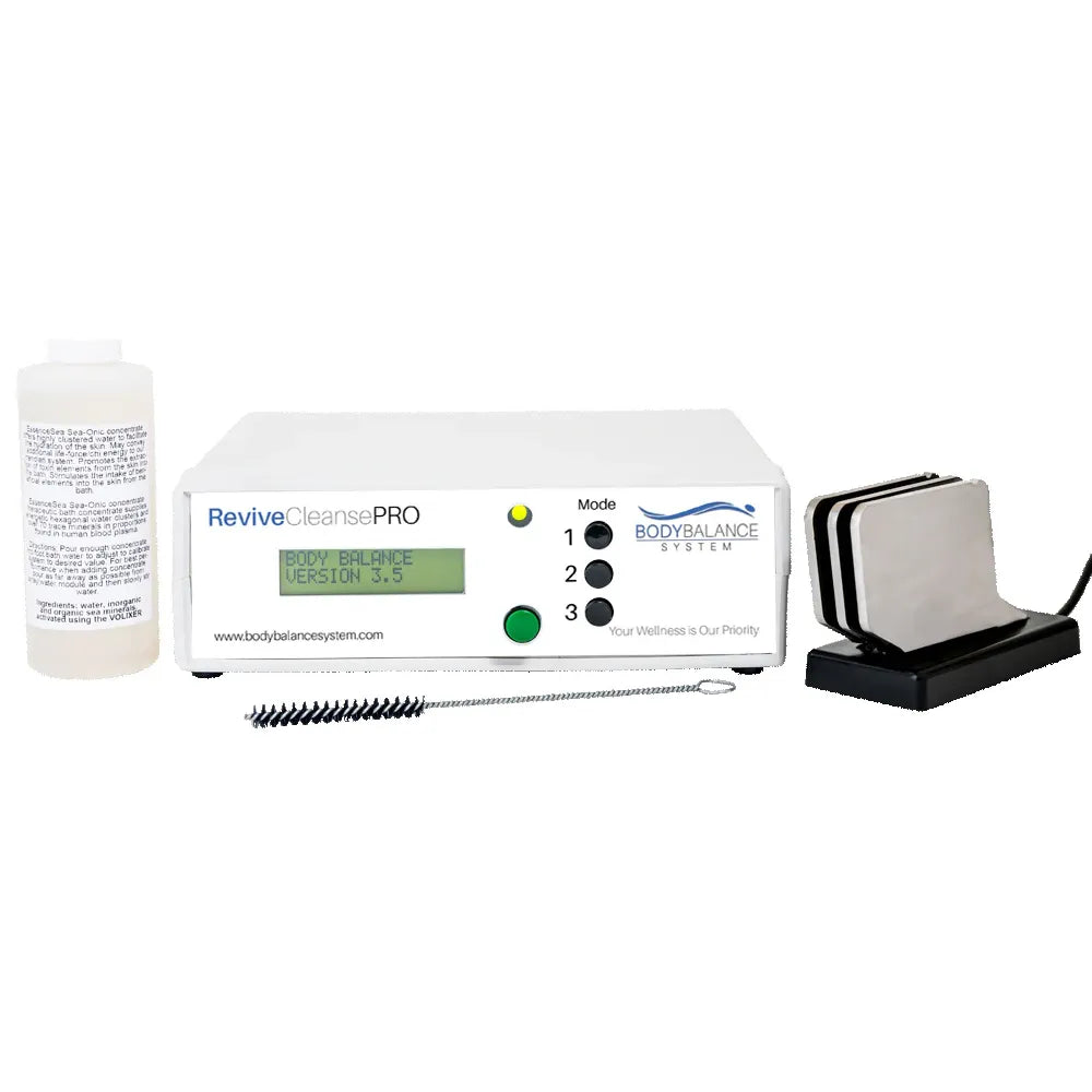 Revive Cleanse Pro device with bottle, brush, and stand on a white background