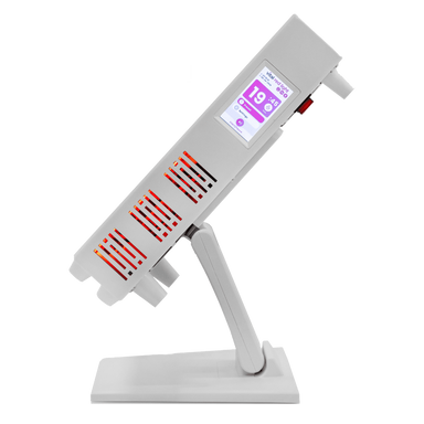 Digital device with a screen and red indicator lights on a white background