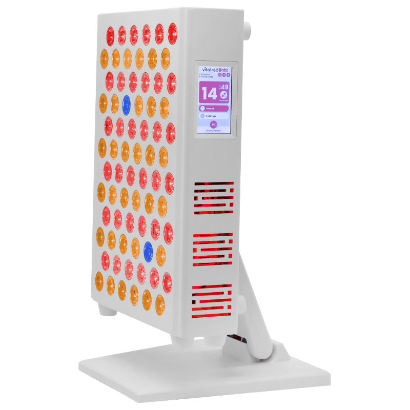 White electronic device with colorful circular lights and a digital display on a white background