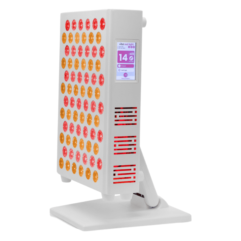 White electronic device with colorful display and buttons on a white background