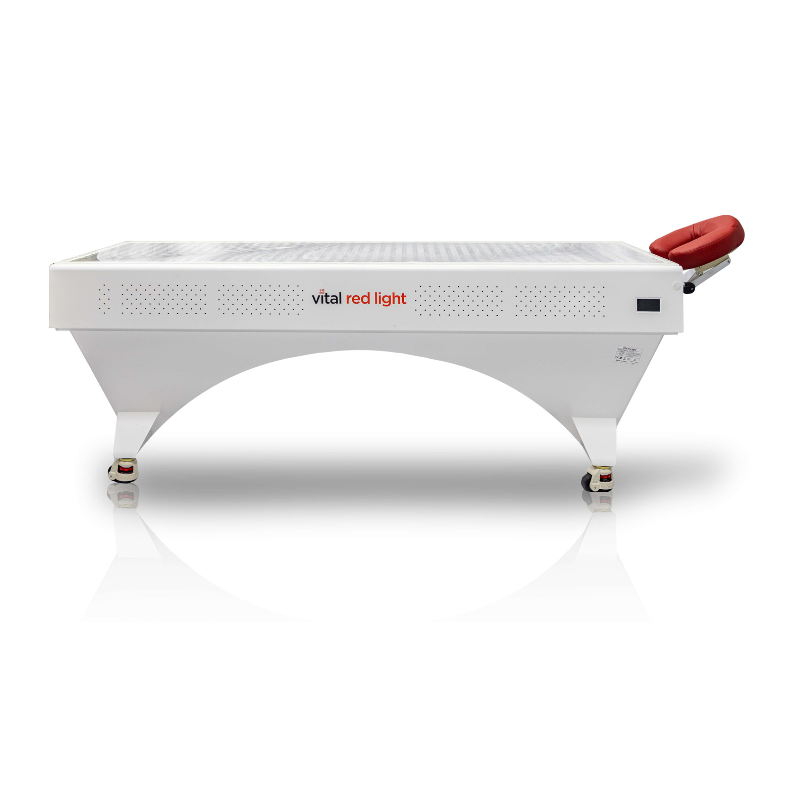 White red light therapy bed with red light branding on a white background