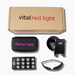 Collection of 'vital red light' products including a box, pouch, remote control, and other accessories on a white background.