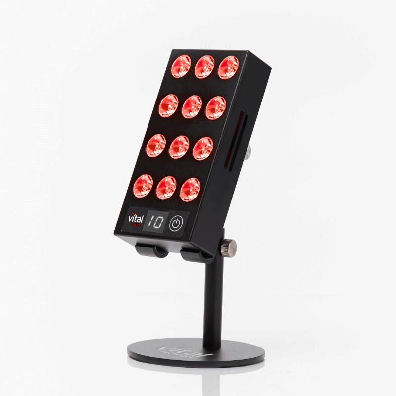 Black LED light panel with red lights on a white background