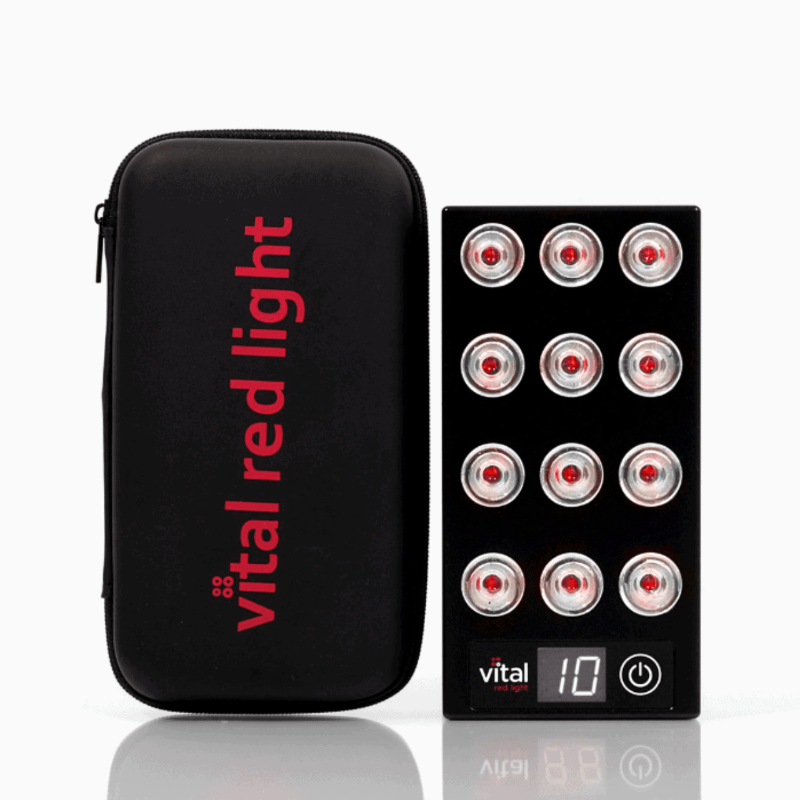 Black and amazing mini red light therapy panel with 'vital red light' branding on a white background