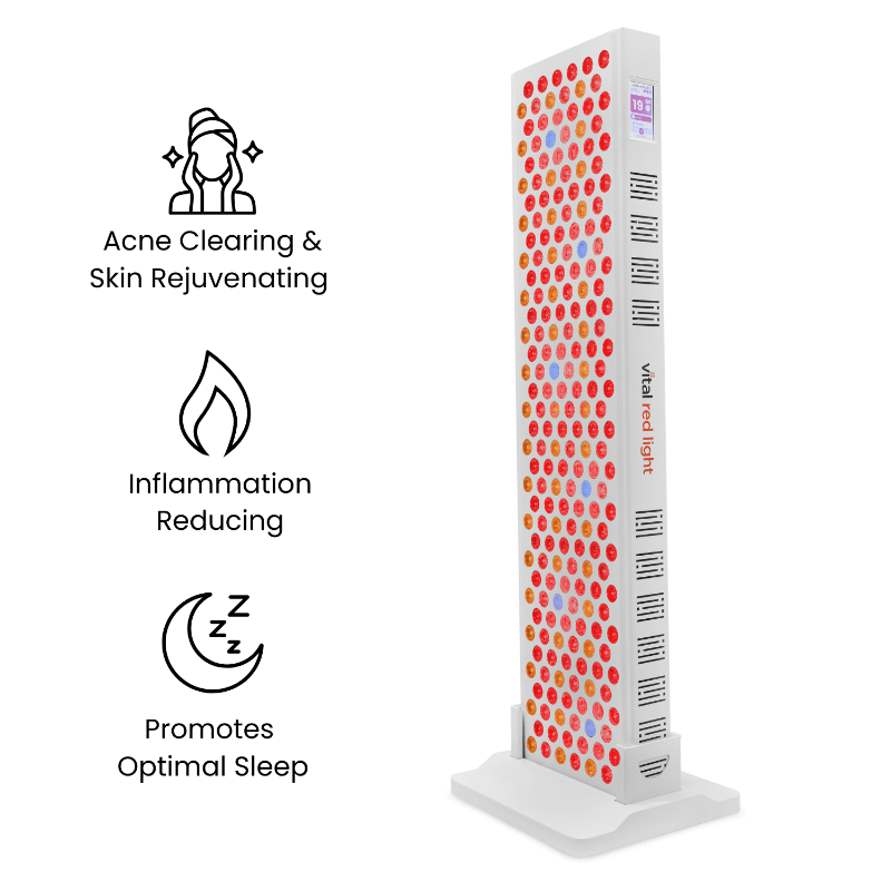 Red light therapy device with benefits listed on a white background