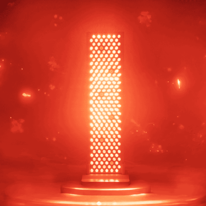 Red light bulb with a honeycomb pattern on a dark background