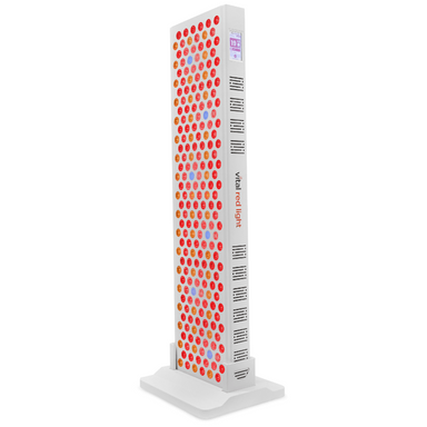 Tall, rectangular red light panel with colorful circular design on a white background