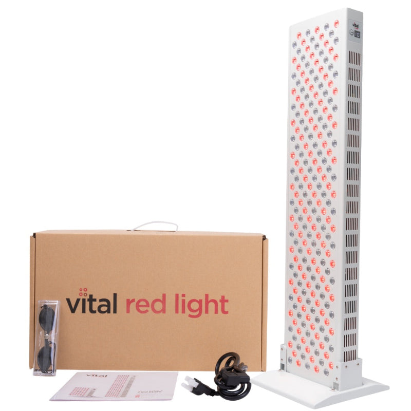 Vital Red Light therapy device with packaging and accessories on a white background