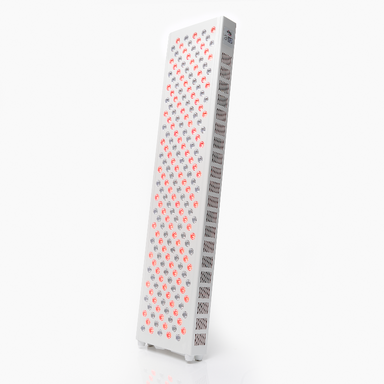 Tall rectangular device with a pattern of red and gray dots on a white background