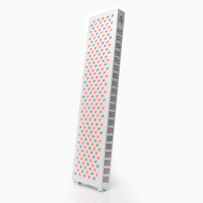Tall rectangular device with a pattern of red and gray dots on a white background