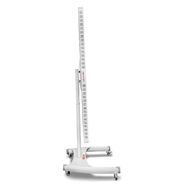 White standing red light therapy panel with adjustable height on a white background