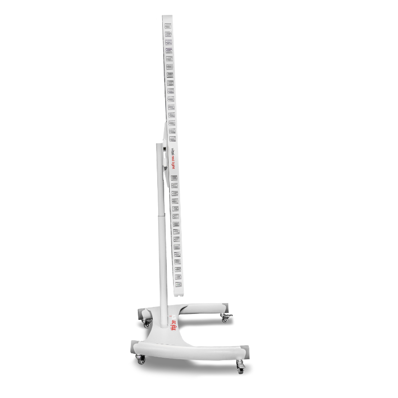 White standing red light therapy panel with adjustable height on a white background