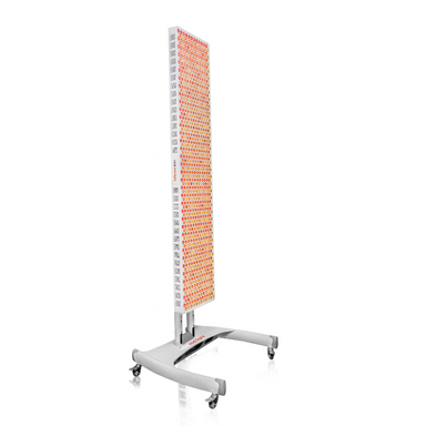 Tall red light therapy panel with a patterned panel on a white background