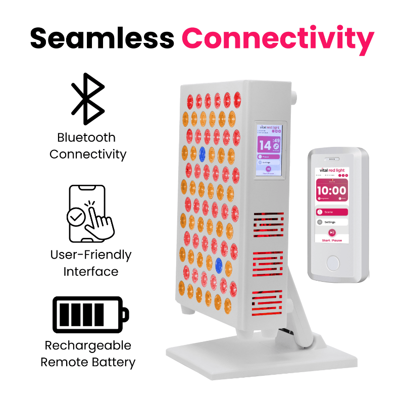 Electronic device with Bluetooth connectivity, user-friendly interface, and rechargeable remote battery on a white background.