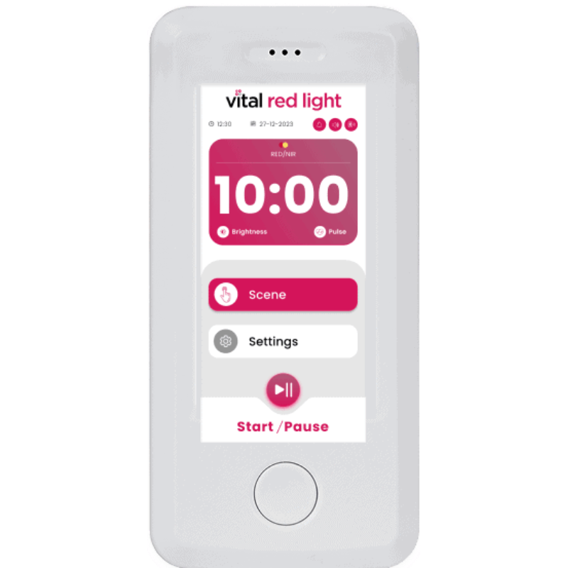 Control panel with 'vital red light' display on a white background