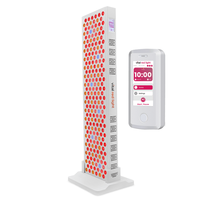 Tall vertical device with colorful pattern and a smaller control unit on a green background