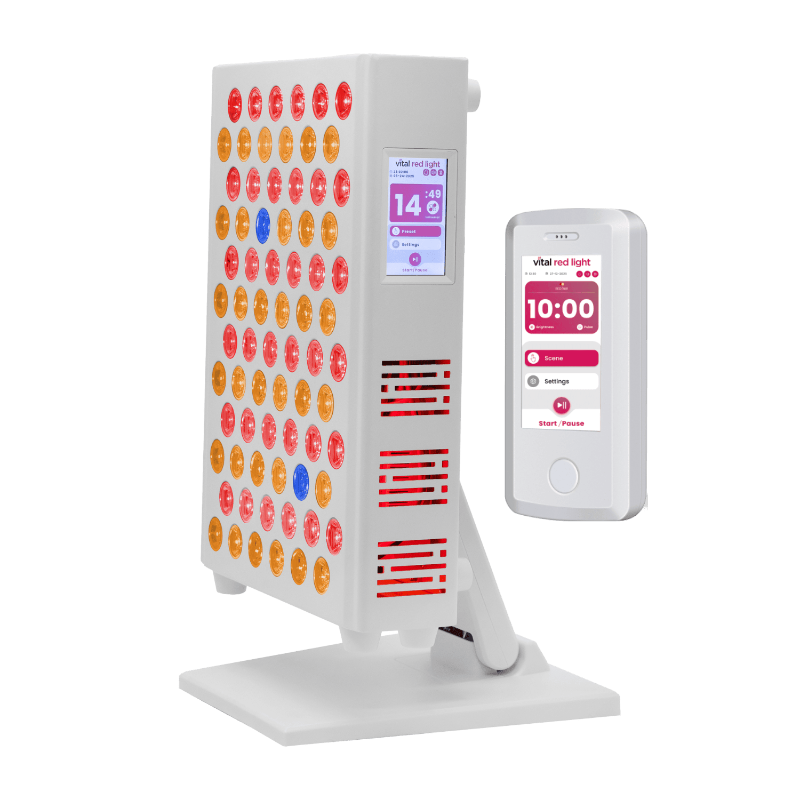 Light therapy device with digital display on a green background