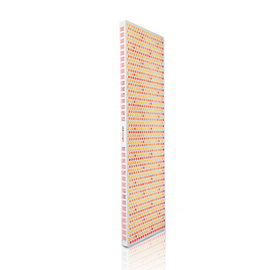 Tall vertical red light therapy panel with a colorful pattern on a white background