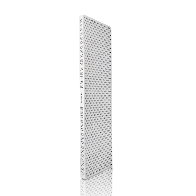 Tall rectangular red light therapy device with perforated design on a white background
