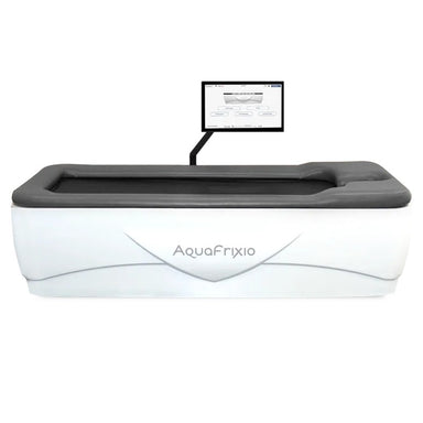 AquaFrixio hydrotherapy pool with a screen displaying a user interface on a white background